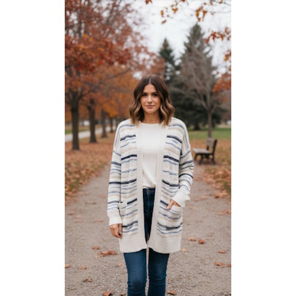Anthropologie Peyton Primrose Blue Striped Cardigan Sweater Womens Size Medium - Picture 1 of 10